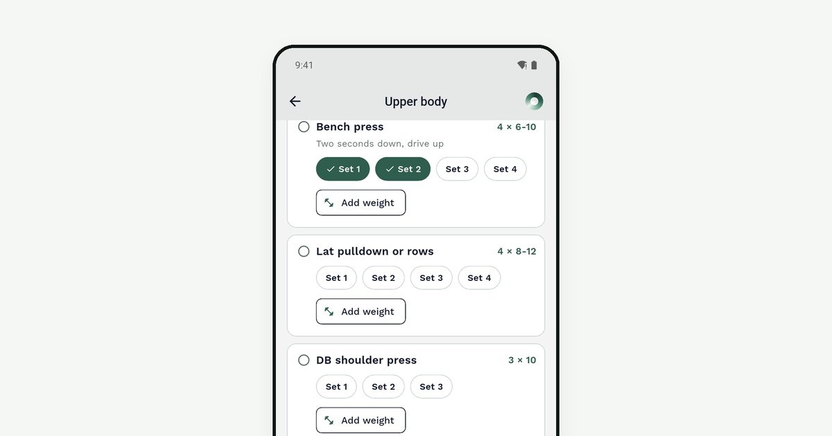 Grace by Youngr: an upper body workout with sets to check off